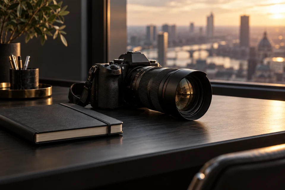 Fotocamera professionale e taccuino per attività investigative